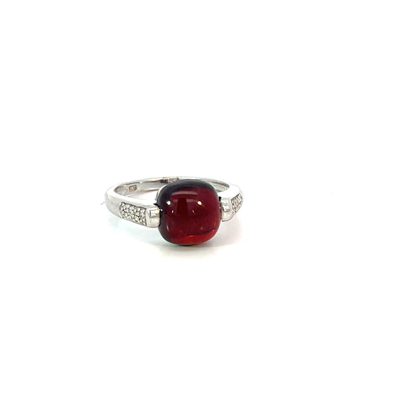 Garnet Cabochon and Diamond Ring in 9ct White Gold