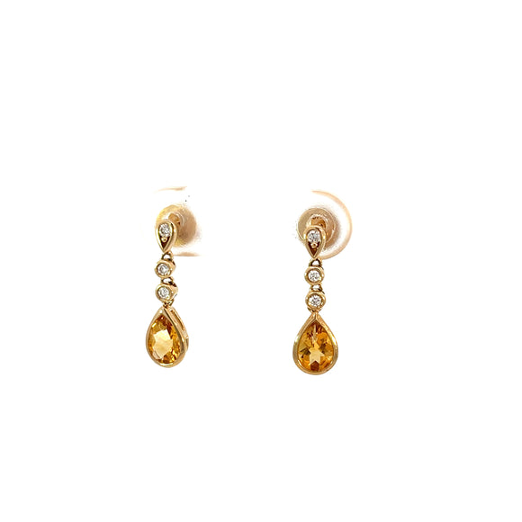 Pear Cut Citrine and Diamond Drop Earrings in 9ct Gold