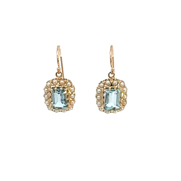 Blue Topaz and Seed Pearl Earrings in 9ct Gold