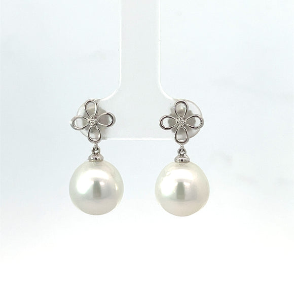 Floral Diamond Pearl Earrings In Sterling Silver
