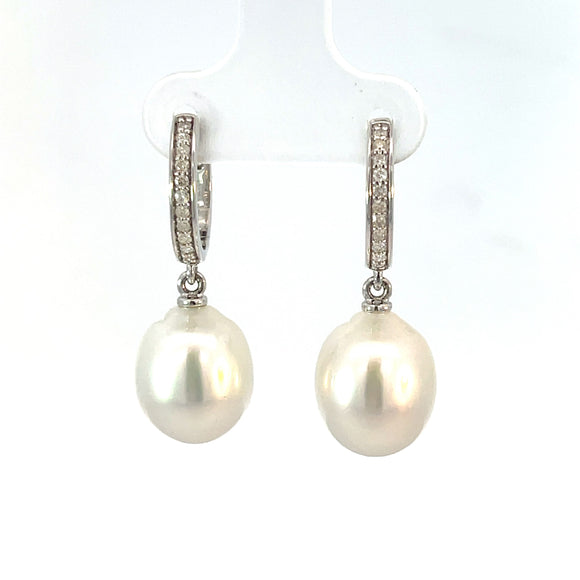 South Sea Pearl Diamond  Huggie  Earrings In Sterling Silver