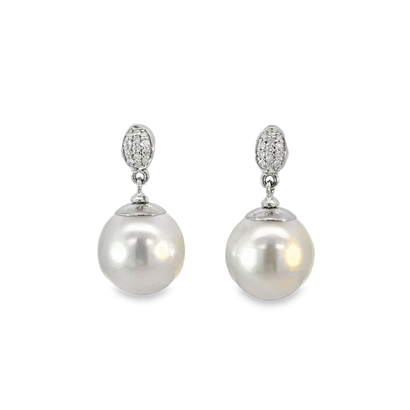 South Sea Pearl Diamond Semi Drop Earrings In Sterling Silver