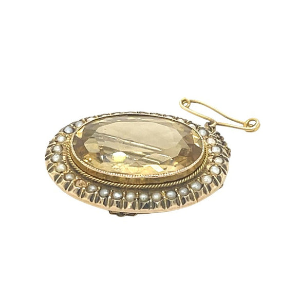 Antique Citrine and Seed Pearl Brooch in 9ct Gold