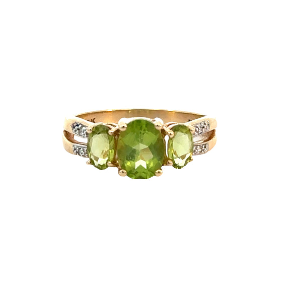 3 Stone Peridot and Diamond Ring  in 10ct Gold