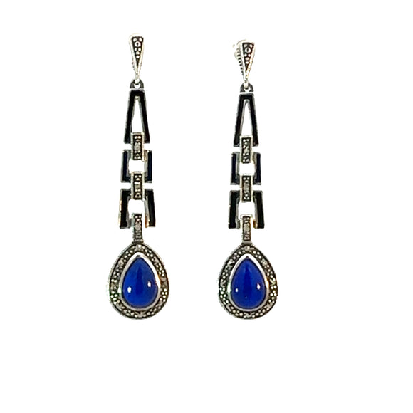 Teardrop Lapis Lazuli, Enamel, Marcasite and Sterling Silver Earrings
