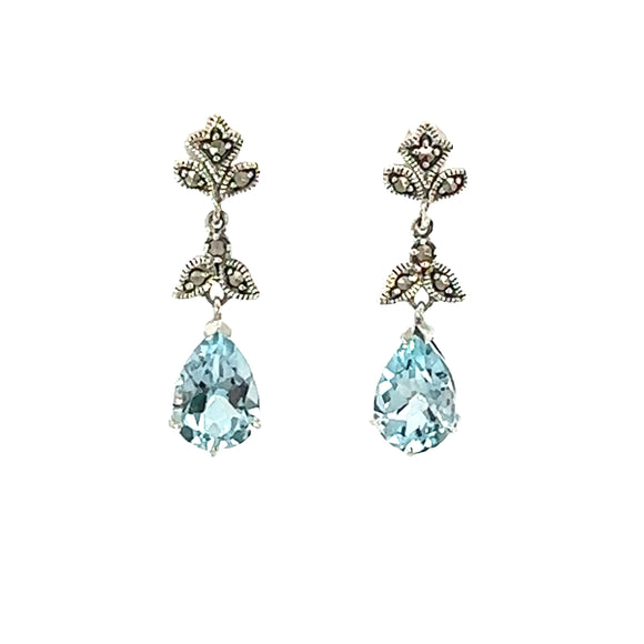 Pear Cut Blue Topaz Sterling Silver Earrings with Marcasites