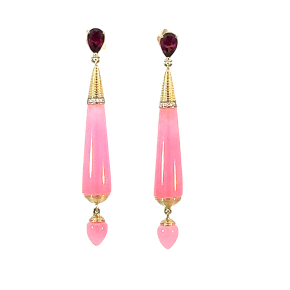 Pink Jadeite,  Rhodolite Garnet and Diamond Drop Earrings in 9ct Yellow Gold