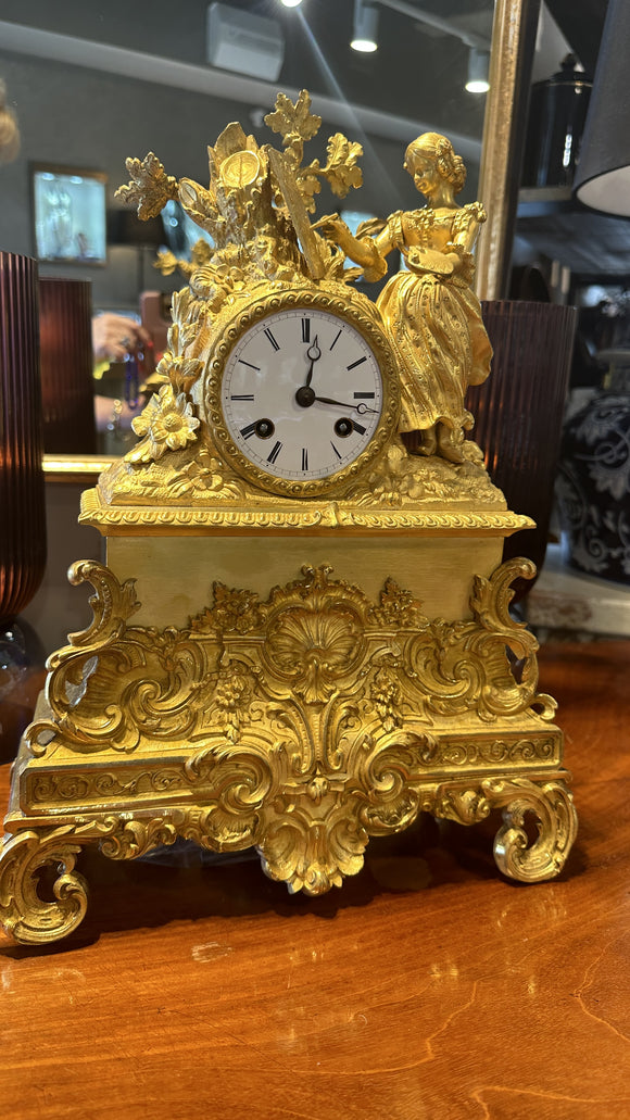 Antique French Gilt Clock - Woman Painting