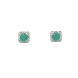 Emerald Diamond Square Halo Stud Earrings