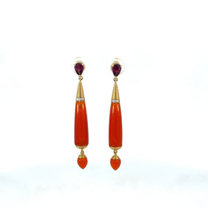 Carnelian, Garnet and Diamond Drop Earrings in 9ct Yellow Gold