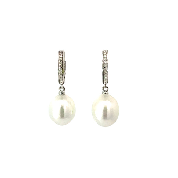 South Sea Pearl Diamond  Huggie  Earrings In Sterling Silver