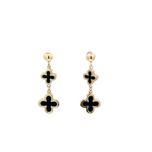 Onyx Clover Drop Earrings 9ct Yellow Gold