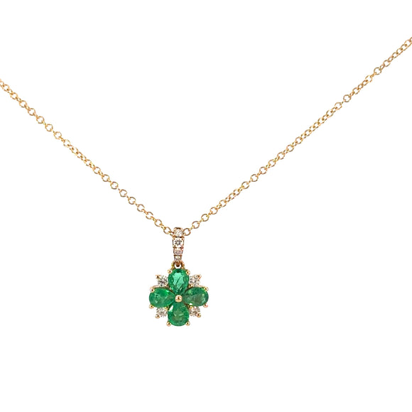 Pear Emerald Diamond Flower Pendant Necklace