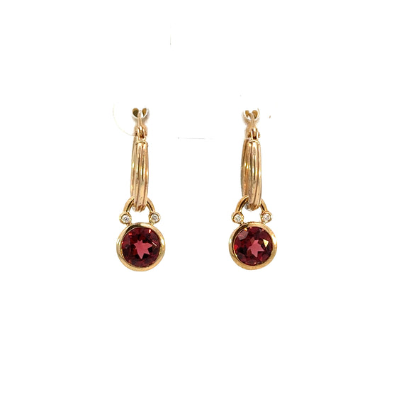 Garnet Diamond Dangle Hoop Earrings.