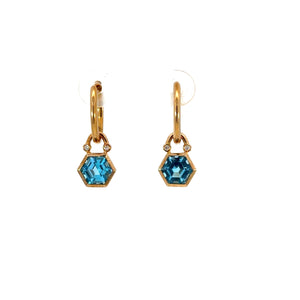 Hexigon Blue Topaz Diamond Dangle Hoop Earrings