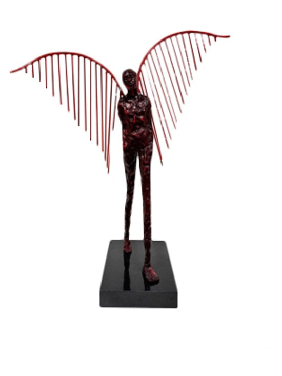 Black Metal Red Winged Man Sculpture on Marble Base