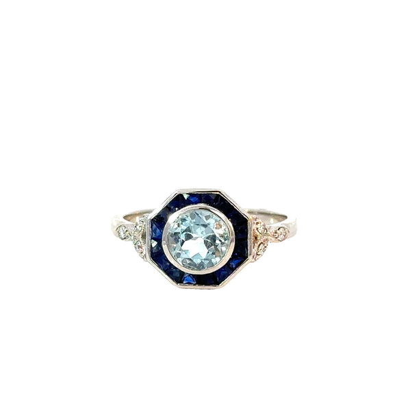 Blue Topaz Sapphire Diamond Art Deco Style Ring