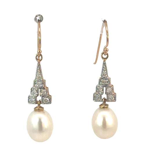 Art Deco Style Pearl Diamond Drop Earrings