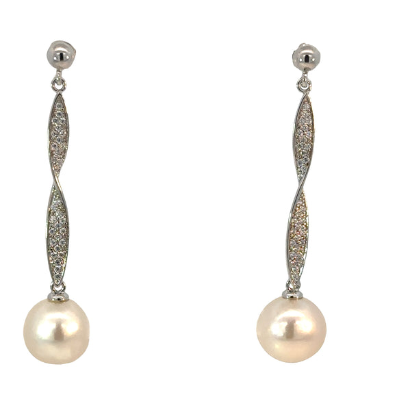 Long Twist Round Pearl Earrings in Sterling Silver