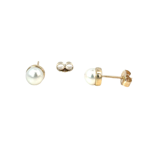 Bezel Set Pearl Stud Earrings in 9ct Yellow Gold