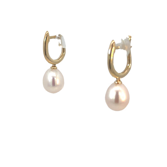 Oval Huggie Earrings with Pearl Drop