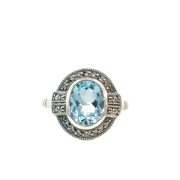 Antique Style Oval Blue Topaz  Marcasite Ring
