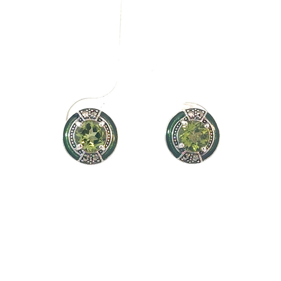 Antique Style Peridot Enamel Stud Earrings