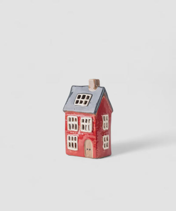 Ceramic Cottage Tea Light  - Red with Navy Roof