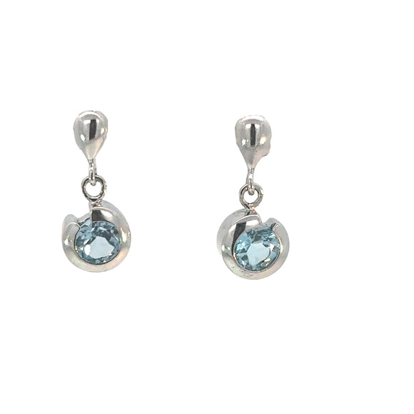 Round Blue Topaz Drop Earrings in Stirling Silver