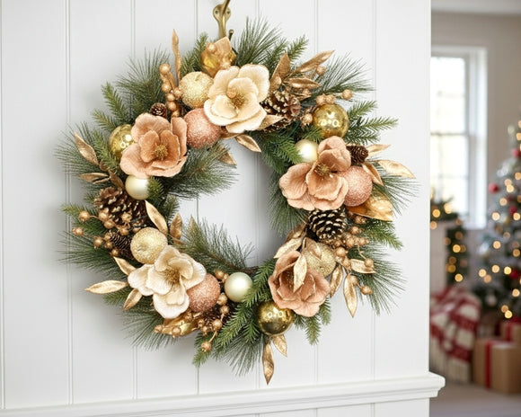 Xmas Wreath Magnolia Champagne with Lights