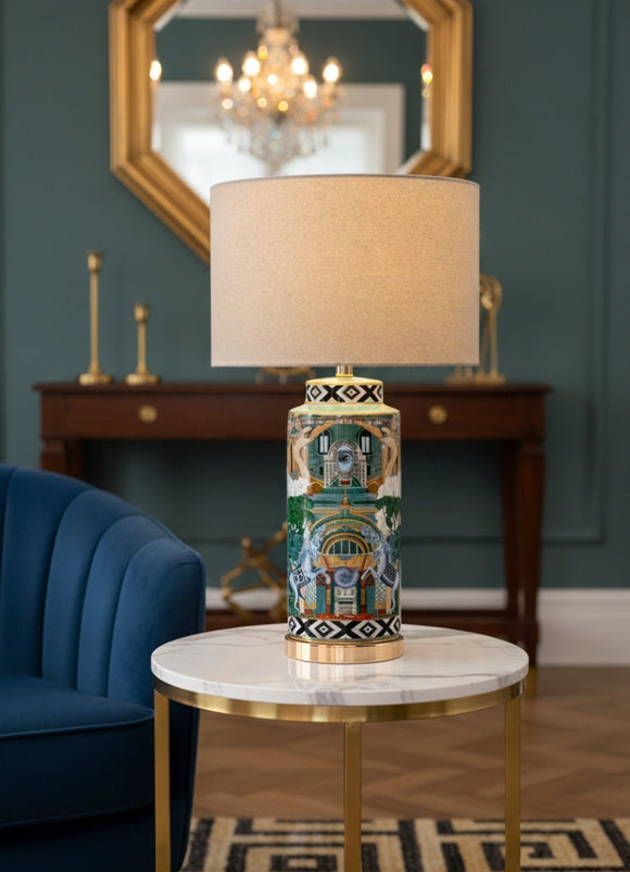 Green  Regency Lamp With Beige Shade