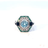 Blue Topaz Emerald Onyx Diamond Art Deco Style Ring