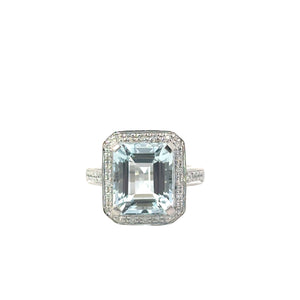 Aquamarine Diamond Halo Ring - 6.06 ct