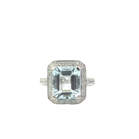 Aquamarine Diamond Halo Ring - 6.06 ct