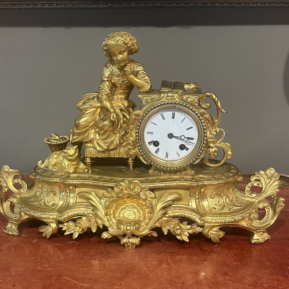 Antique French Gilt Clock - Girl with Cat