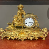 Antique French Gilt Clock - Girl with Cat