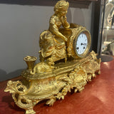Antique French Gilt Clock - Girl with Cat