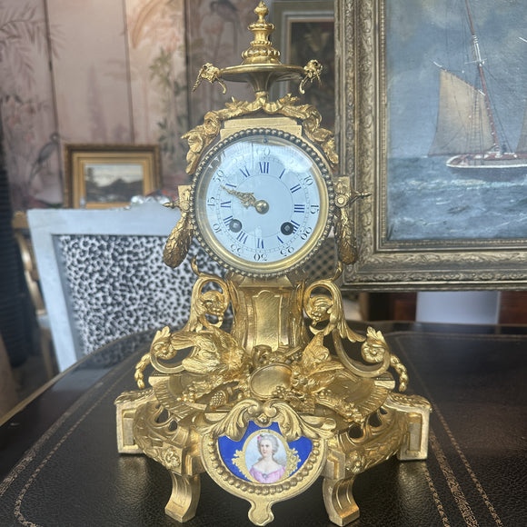 Antique French Gilt Clock - Porcelain Lady