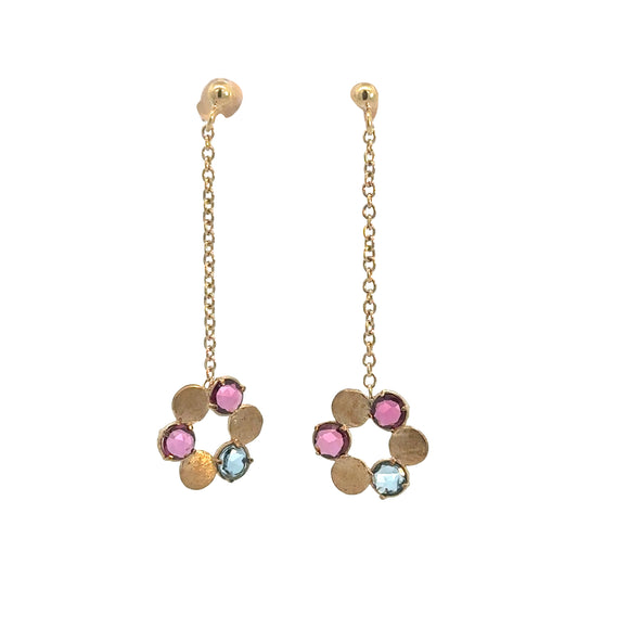 Circle Drop Earrings with Blue Topaz and Tourmaline
