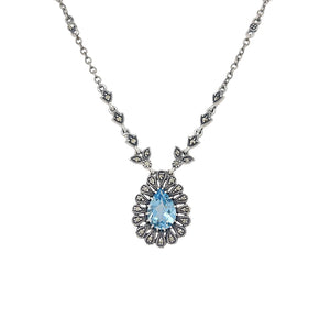 Blue Topaz Marcasite Flower Necklace in Sterling Silver