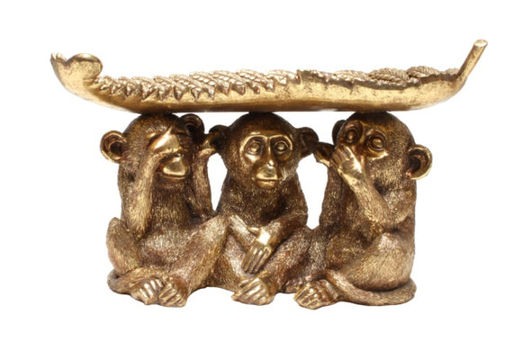 3 Wise Monkeys with Tray - Gold