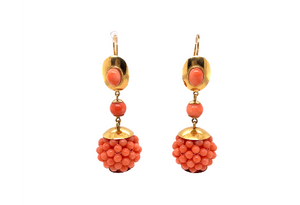 Vintage Coral Drop Earrings in 18ct Yellow Gold