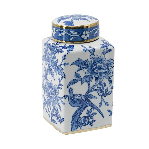 Gold Trim Blue and White Jar with Lid