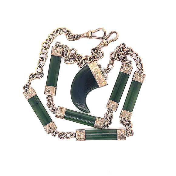 Antique Greenstone Fob Chain Necklace with Tooth Pendant