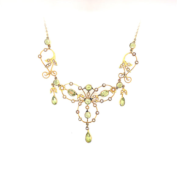 Antique Peridot Pearl Drop Necklace