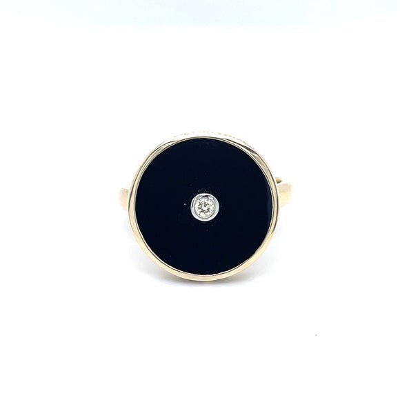 Round Onyx and Diamond Signet Ring in 9ct Gold