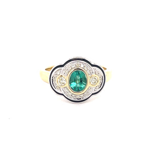 Emerald and Diamond Ring with Black Enamel