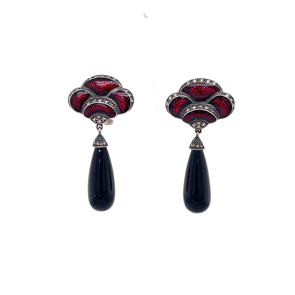 Red Enamel, Onyx & Marcasite Drop Earrings