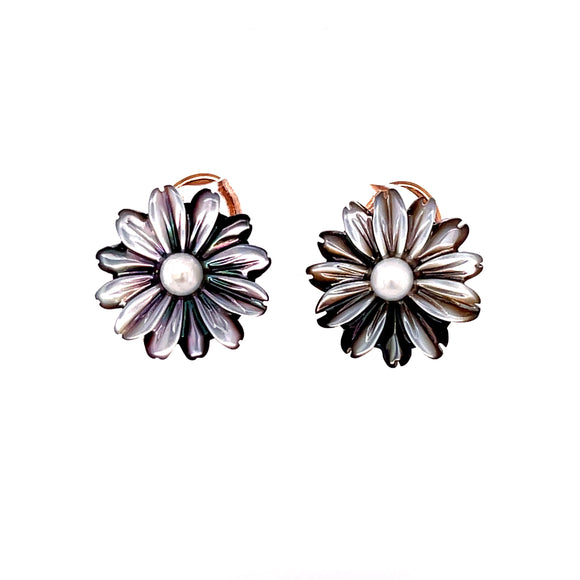 Grey Mother of Pearl Flower Clip On Earrings