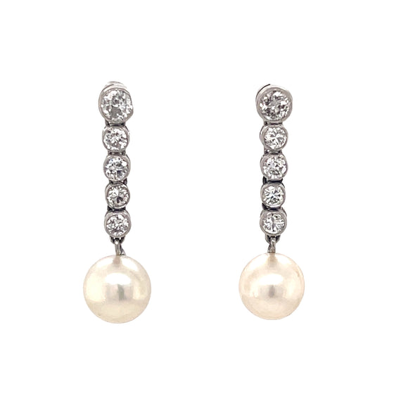 Platinum Diamond and Pearl Drop Earrings